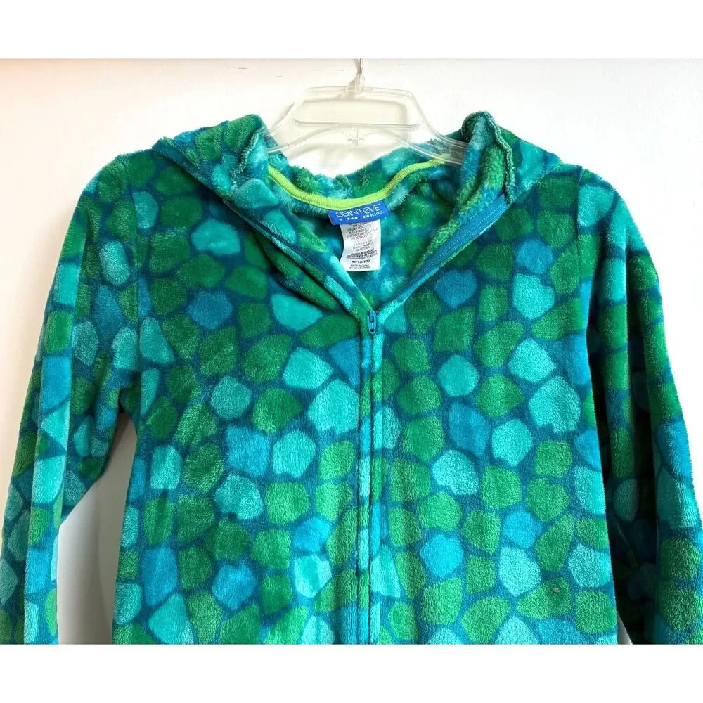 Boy Fleece Green Dinosaur One Pc Pajama Jumpsuit Hood Sleeper M 10-12 Saint Eve